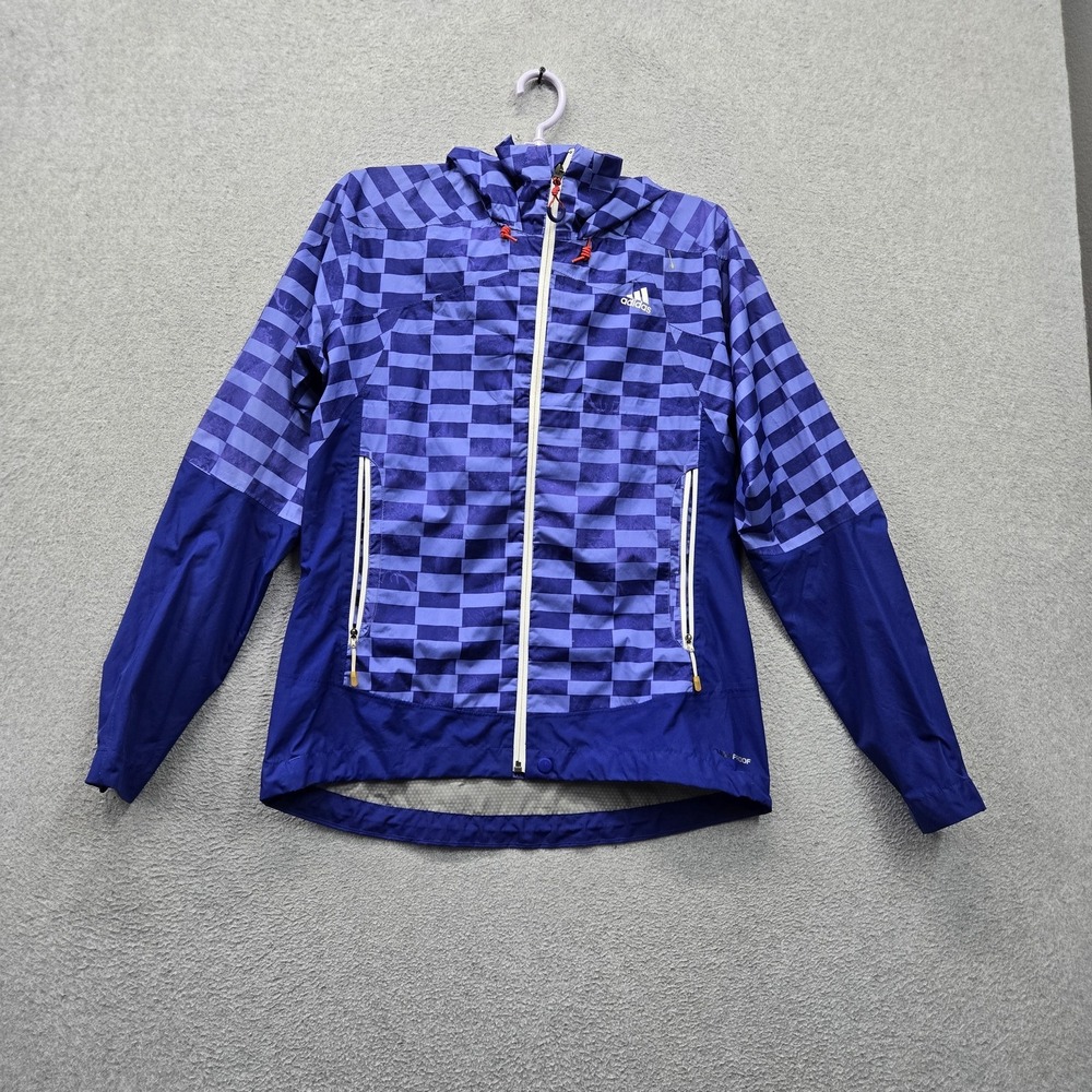 Adidas Women  Jacket M Blue Check Logo Activewear Zipper Hooded Pockets Full Zip